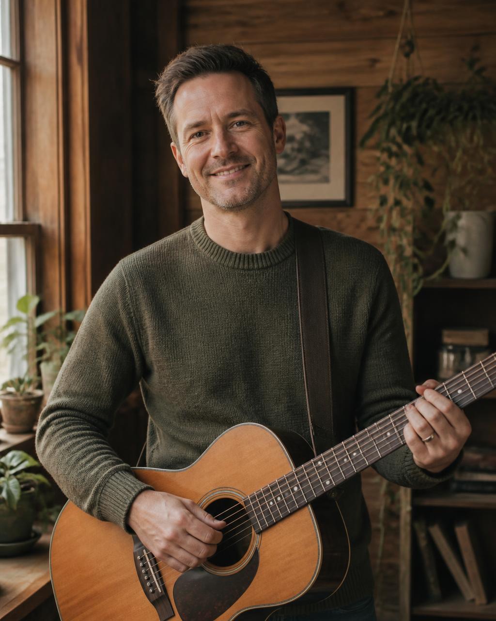 Porträt von Andreas Januschke mit Akustikgitarre