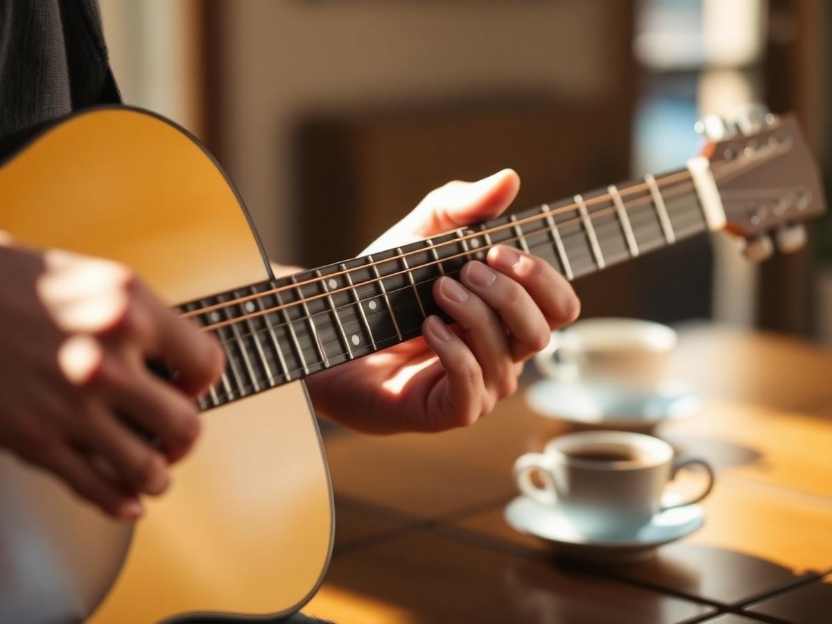 Hände beim Fingerpicking auf einer Akustikgitarre
